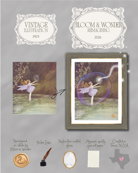 A framed vintage-style art print showing a ballerina in a purple dress inside a large iridescent bubble, with decorative text reading 'Vintage Illustration 1925' and 'Bloom & Wonder Remaking 2026' on a gray background. The image also includes smaller artwork previews, a stamp icon, inkwell icon, reflection-control glass icon, museum-quality fine art paper icon, and a Texas state icon with a heart.