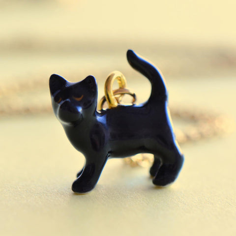 Black Cat Necklace - Porcelain Charm Necklace