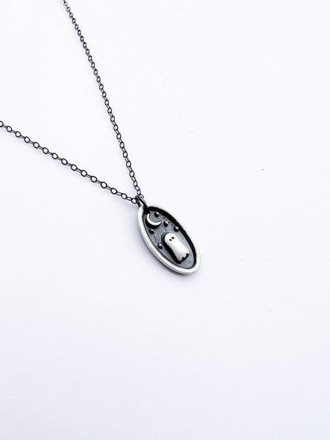 Sterling Silver Ghost Necklace - Little Ghost with Moon