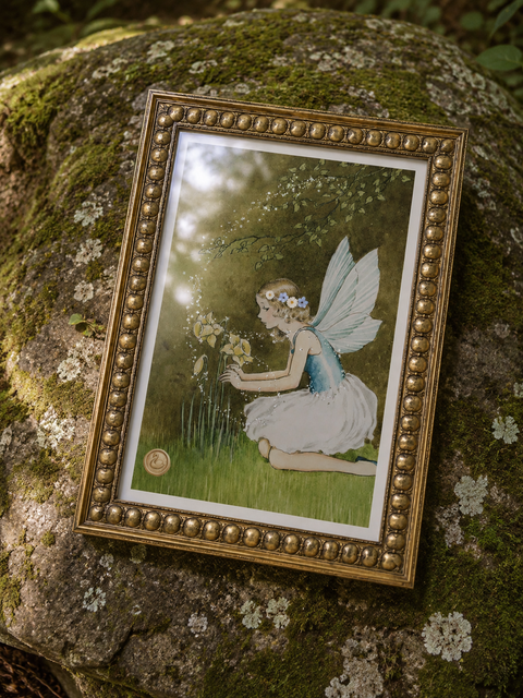 Framed artwork of a fairy sitting on a rock with flowers