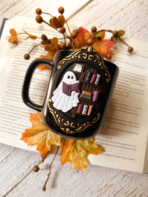 Ghost Reading A Book Mug ~ Handmade Polymer Clay Mug