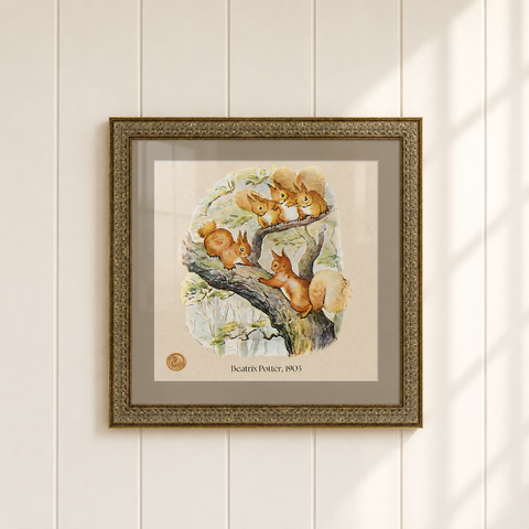 Squirrels on a Tree, Feat. Beatrix Potter Illustration ~ Gold Frame