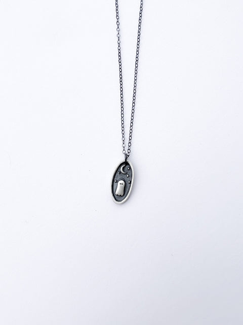 Sterling Silver Ghost Necklace - Little Ghost with Moon