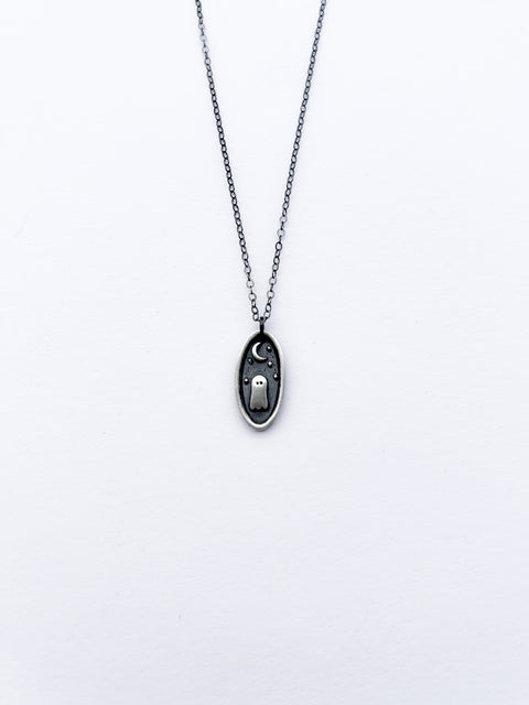 Sterling Silver Ghost Necklace - Little Ghost with Moon